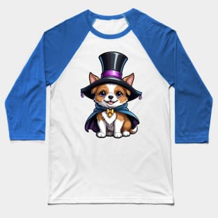 Cute Corgi Dog Wearing a Magician Hat and Cape Baseball T-Shirt